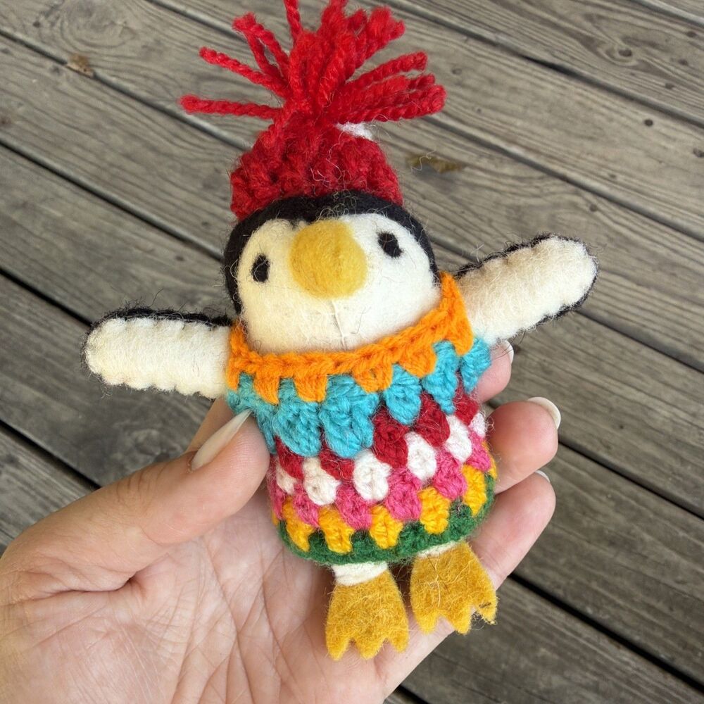 World Market Wool Penguin With Multicolor Sweater Ornament & Red Crochet Hat